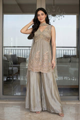 Sage grey peplum palazzo set with antique gold jewel embroidery and wide-leg pants