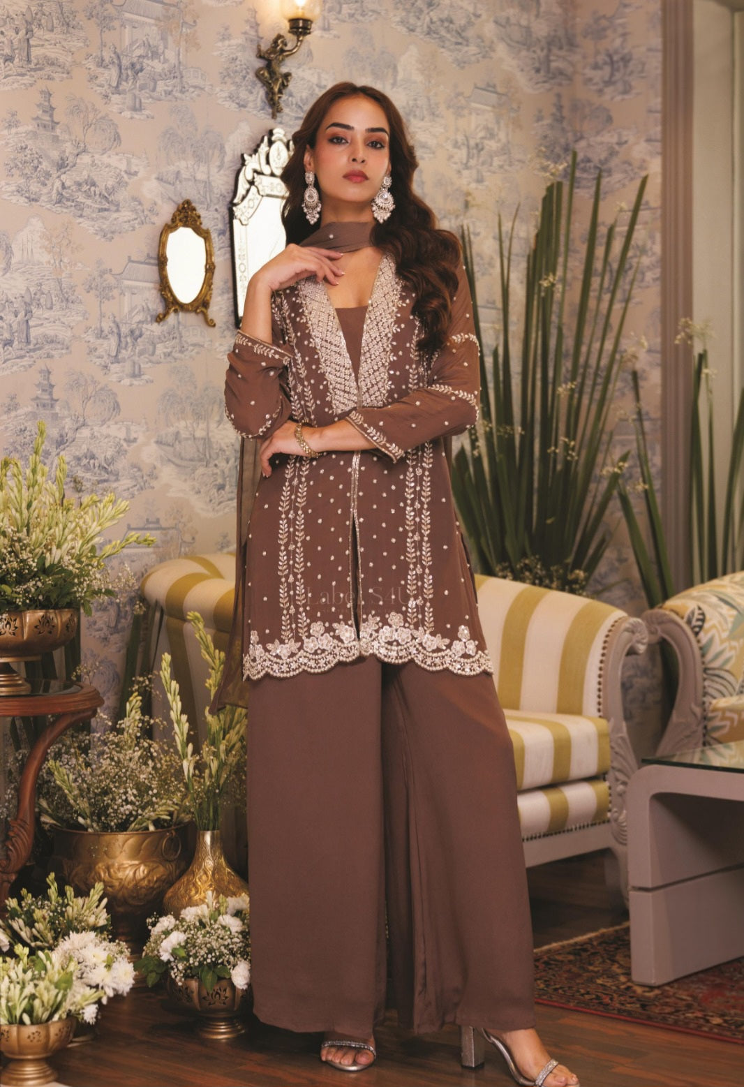 Mocha Brown Silver Floral Palazzo Set