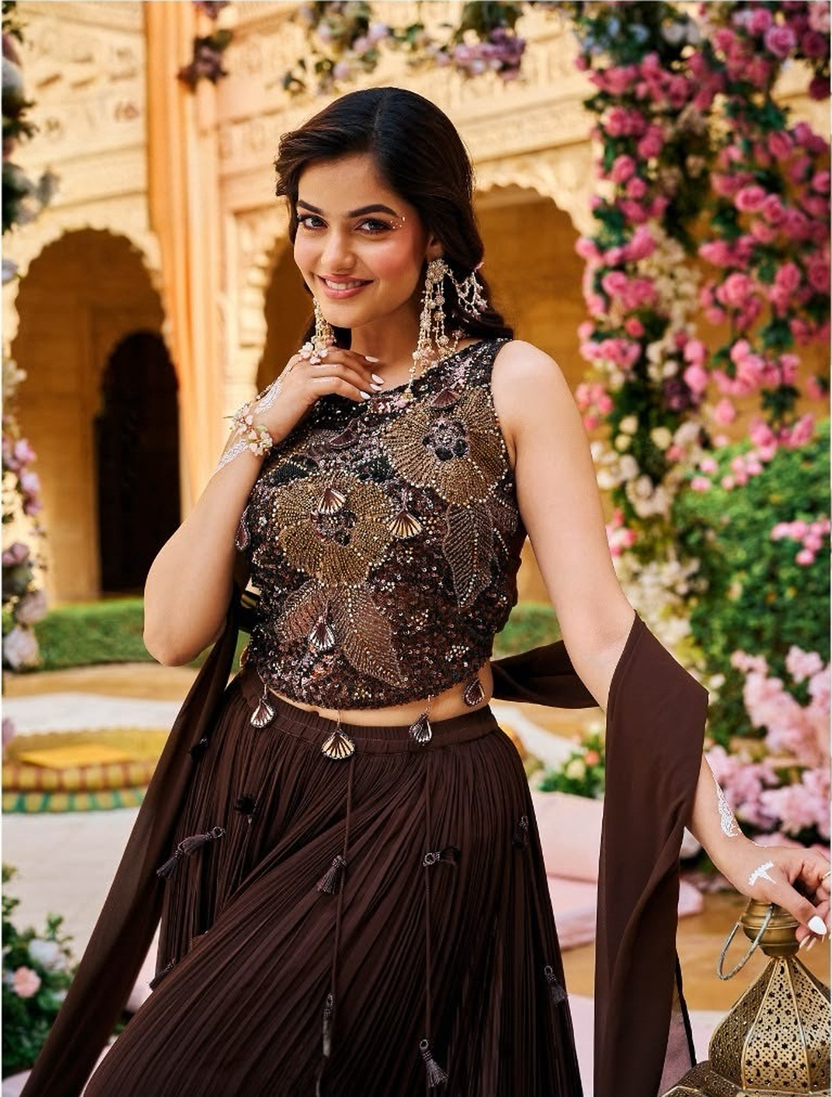 Pleated floor-length chocolate brown lehenga skirt