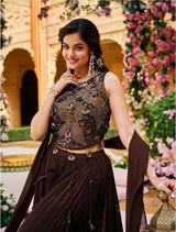 Pleated floor-length chocolate brown lehenga skirt