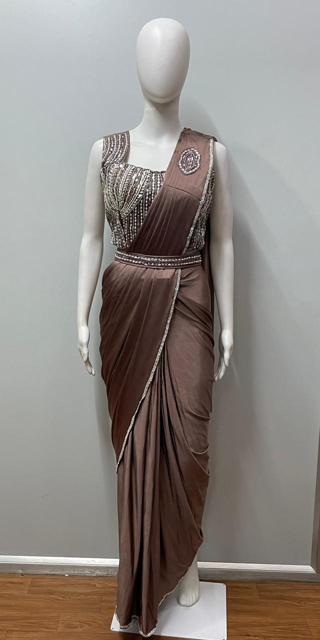 Mocha Silver Draped Saree Set