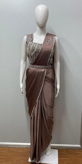 Mocha Silver Draped Saree Set