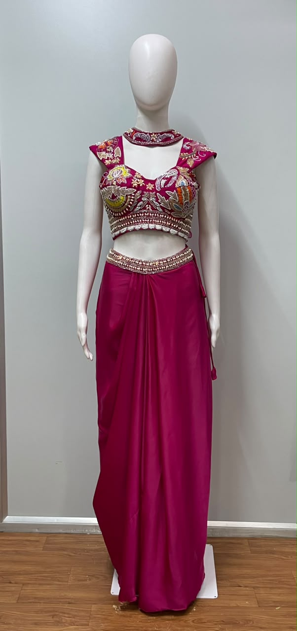 Fuchsia Multicolor Embroidered Draped Skirt Set
