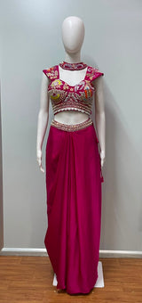 Fuchsia Multicolor Embroidered Draped Skirt Set