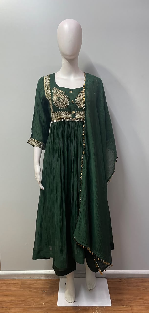 Deep Forest Green Gold Paisley Anarkali Set