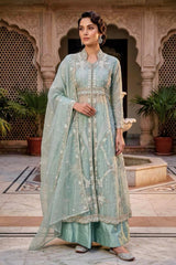 Seafoam mint palazzo set with a floor-length embroidered open-front jacket