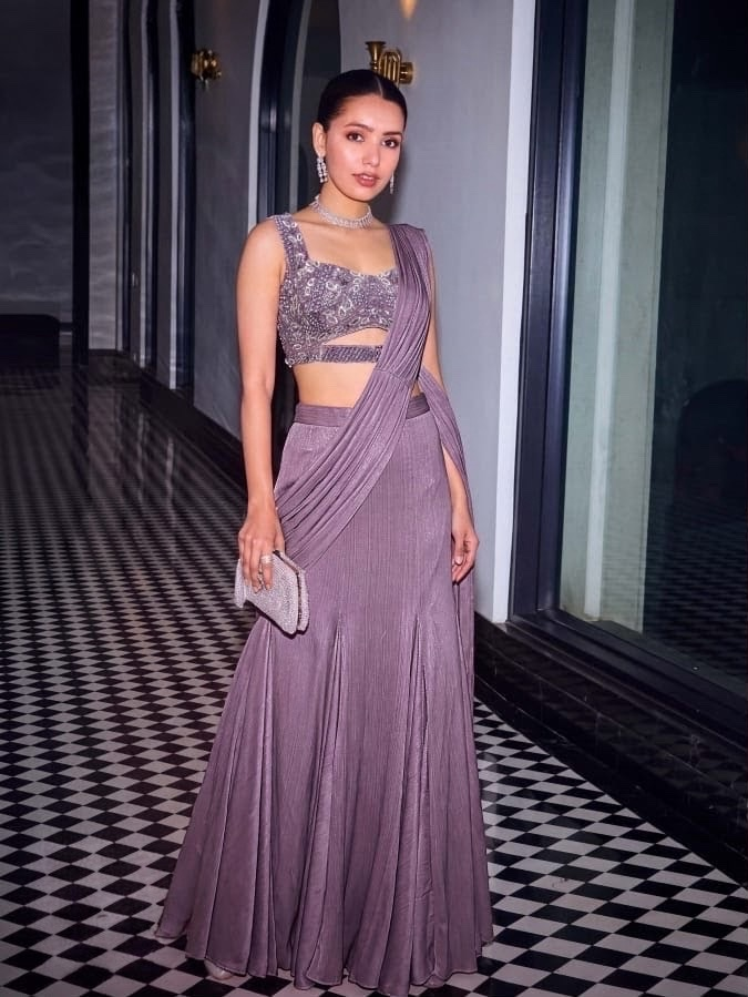 Smoky Lilac Silver Draped Skirt Set
