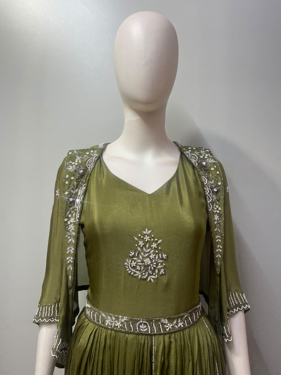 Moss Olive Silver Floral Jacket Gown Set