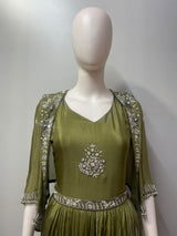 Moss Olive Silver Floral Jacket Gown Set