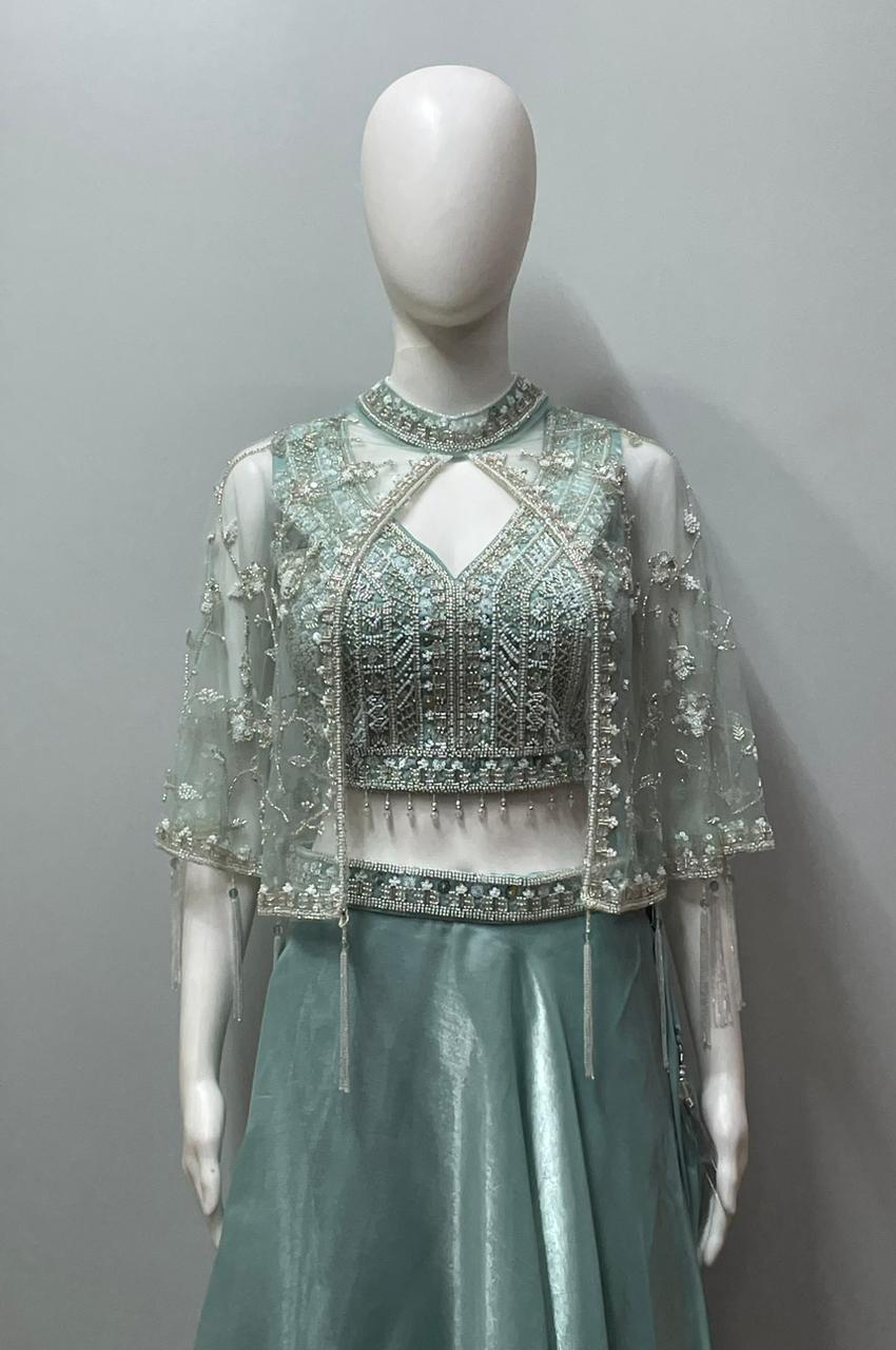 Mint Pearl Cape Lehenga Set