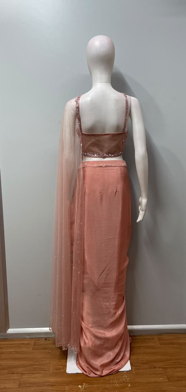 Coral Rose Silver Embellished Pre-Draped Saree Set