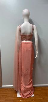 Coral Rose Silver Embellished Pre-Draped Saree Set