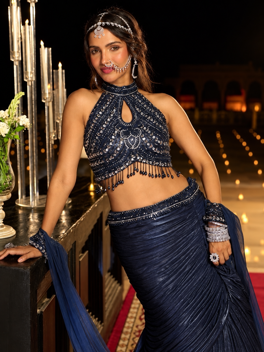 Midnight Navy Silver Crystal Mermaid Lehenga Set