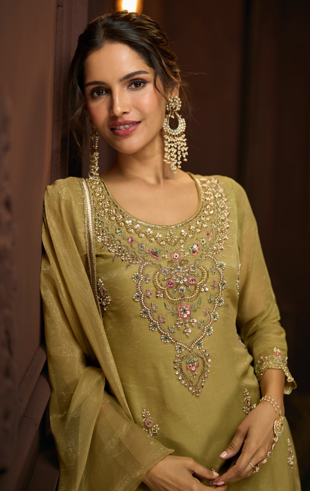 Olive Gold Embroidered Sharara Suit Set