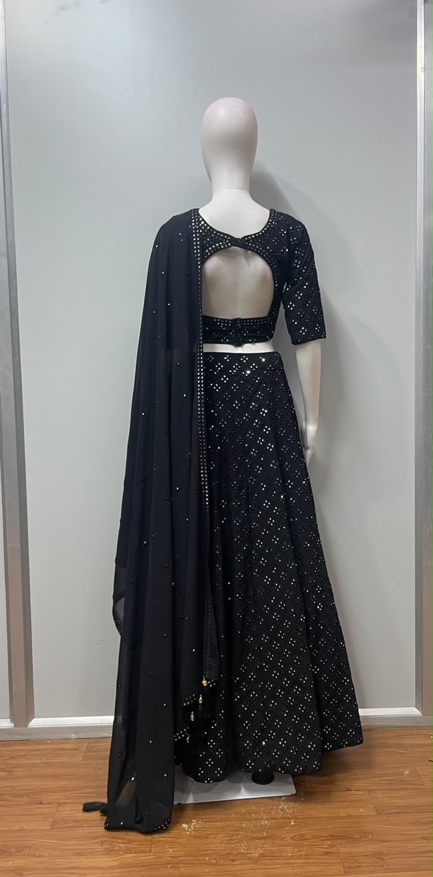 Noir Mirrorwork Embellished Lehenga Couture Set