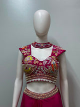Fuchsia Multicolor Embroidered Draped Skirt Set