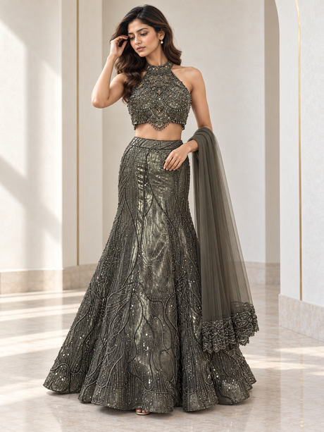 Smoky olive fishtail lehenga with a beaded halter blouse and shimmering leaf patterns