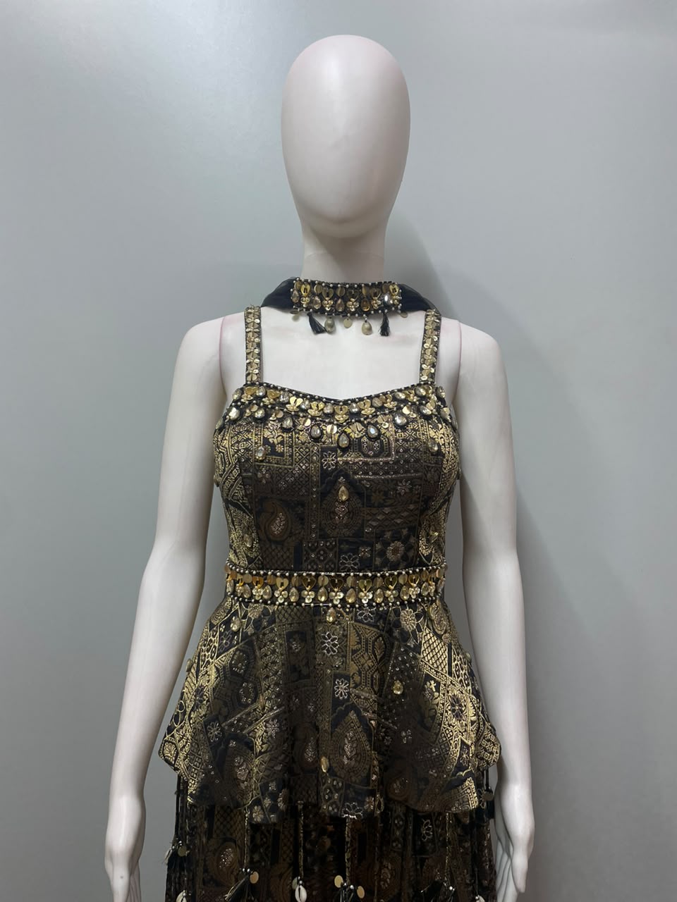Noir Antique Gold Embroidered Peplum Lehenga Set