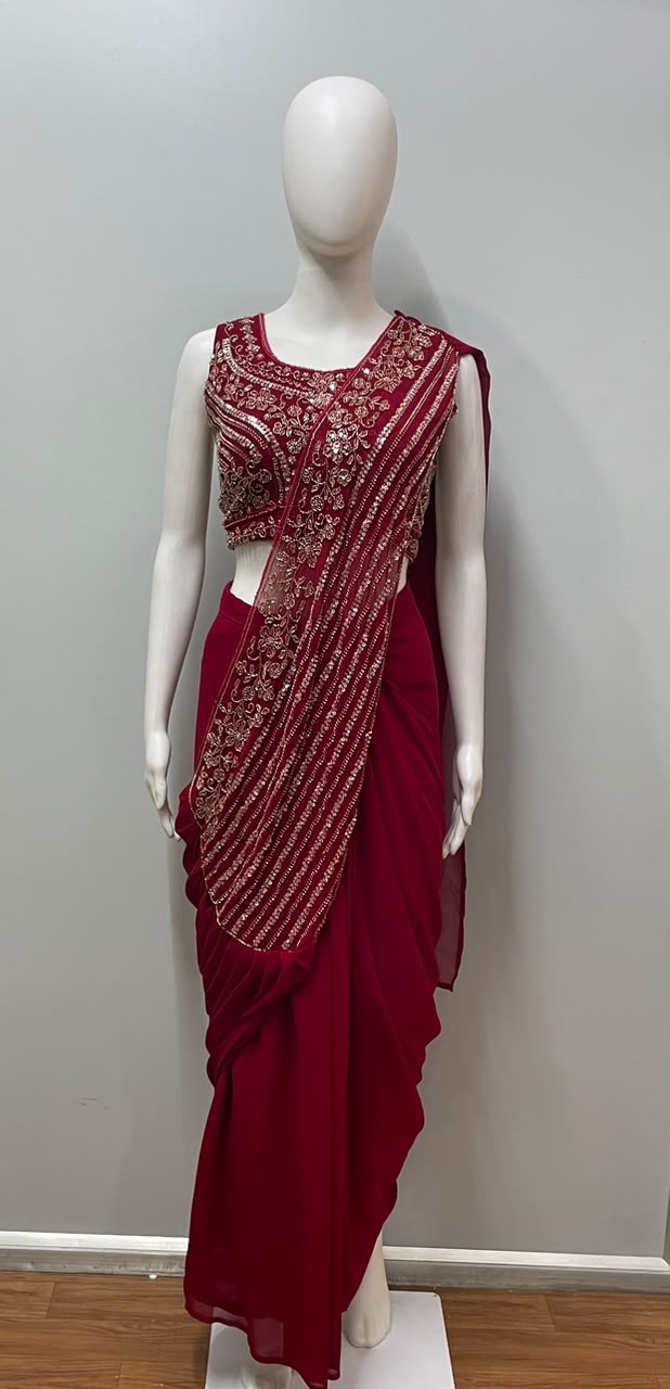 Ruby Zari Draped Saree Set
