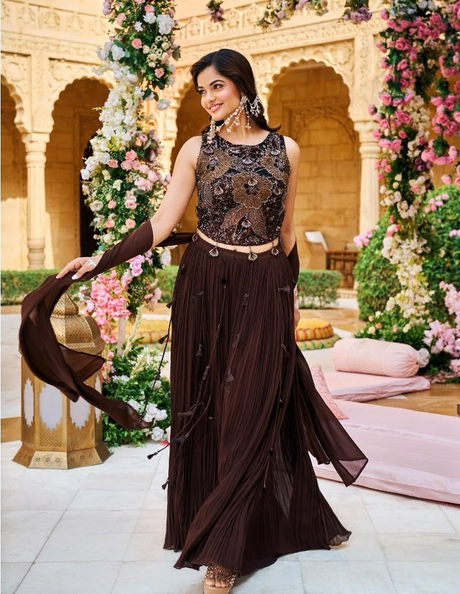 Deep chocolate bronze lehenga with dimensional floral jewel work