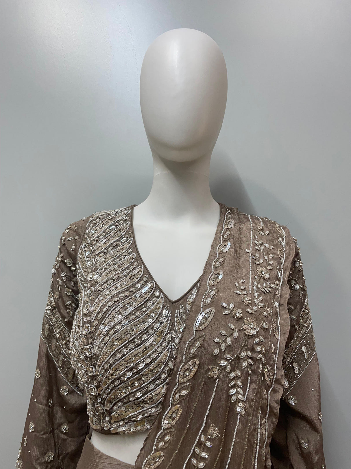 Taupe Silver Embroidered Draped Lehenga Set