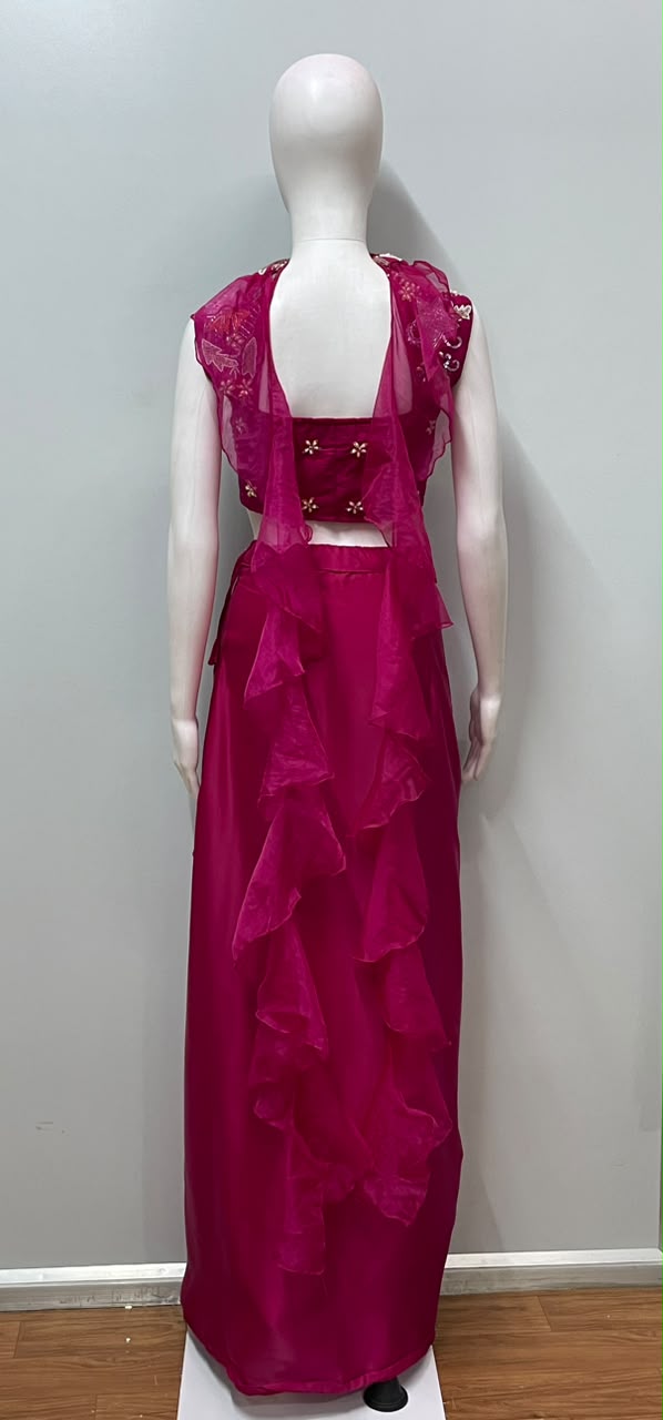 Fuchsia Multicolor Embroidered Draped Skirt Set