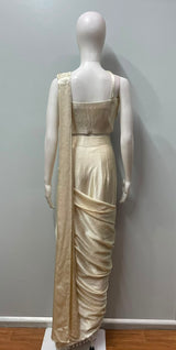 Champagne Appliqué Draped Saree Set