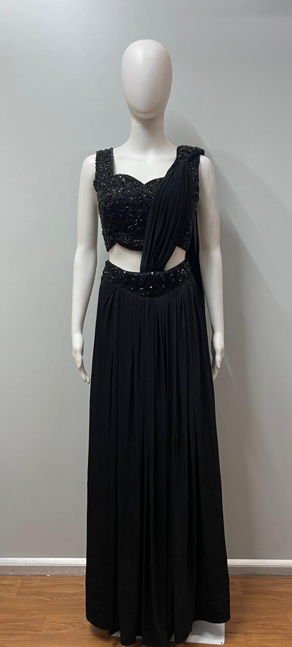 Black sequin pre-draped saree set from a third angle