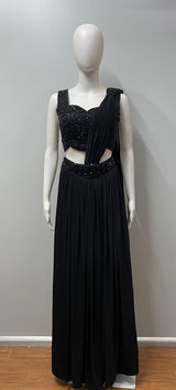 Black sequin pre-draped saree set from a third angle