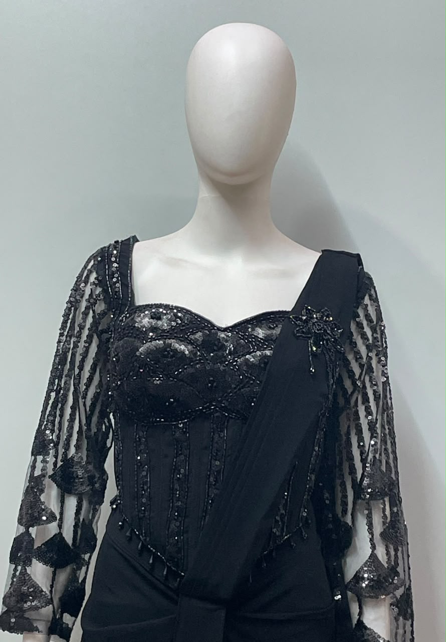 Noir Crystal Corset Draped Saree Ensemble