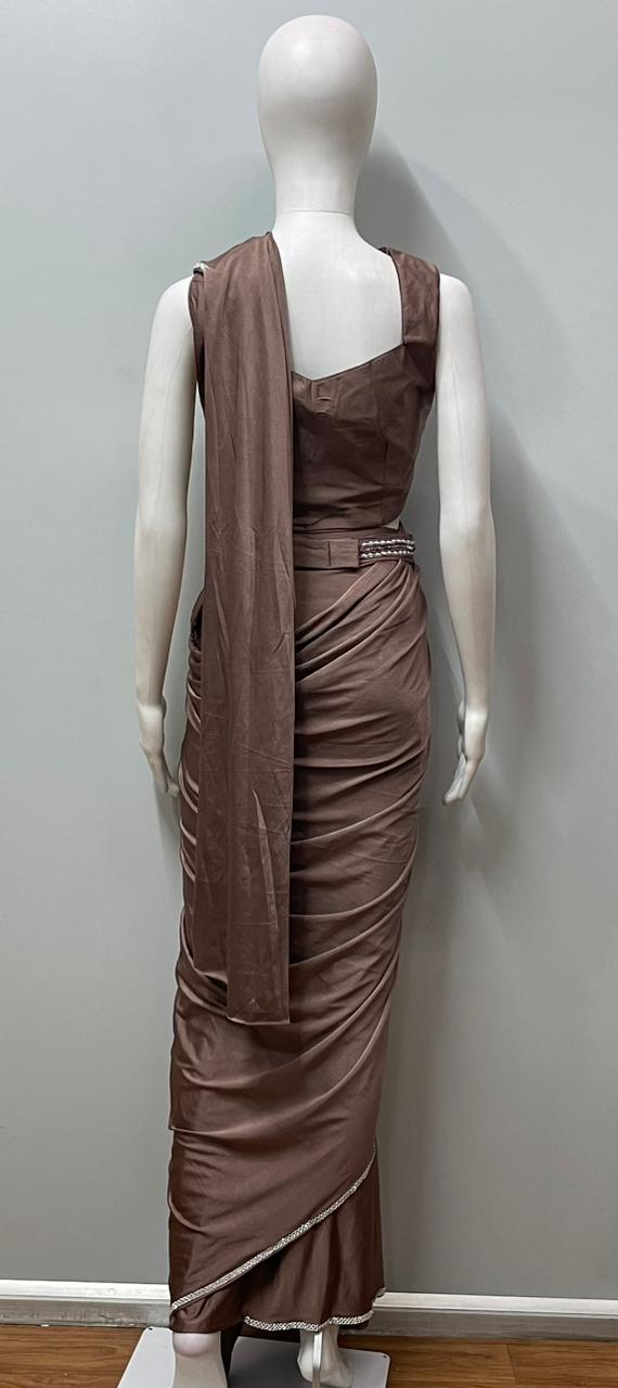 Mocha Silver Draped Saree Set
