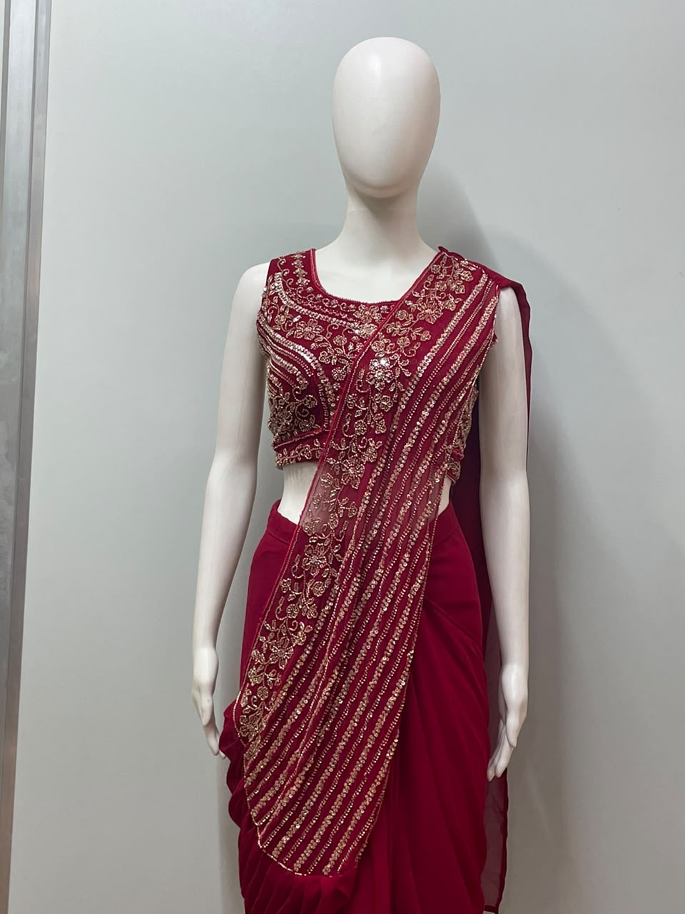 Ruby Zari Draped Saree Set