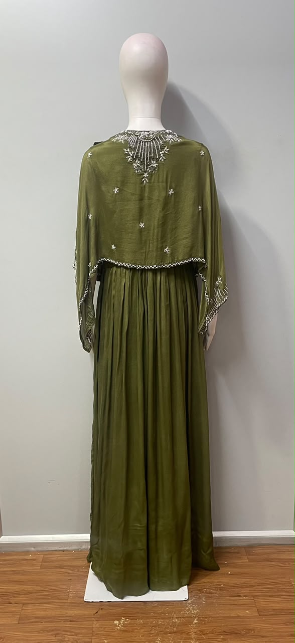 Moss Olive Silver Floral Jacket Gown Set