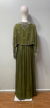 Moss Olive Silver Floral Jacket Gown Set