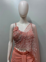 Coral Rose Silver Embellished Pre-Draped Saree Set