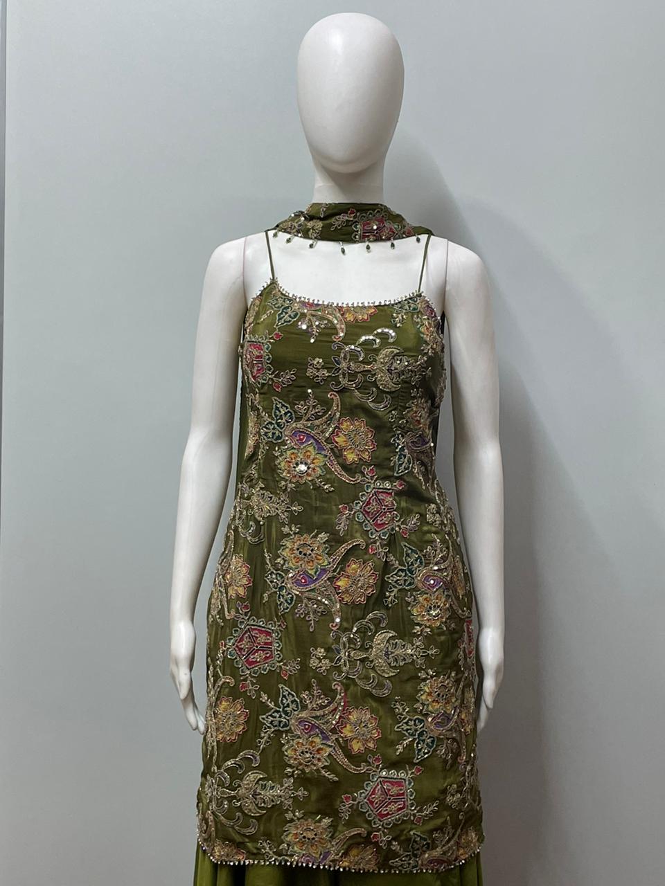 Olive Paisley Embroidered Palazzo Set