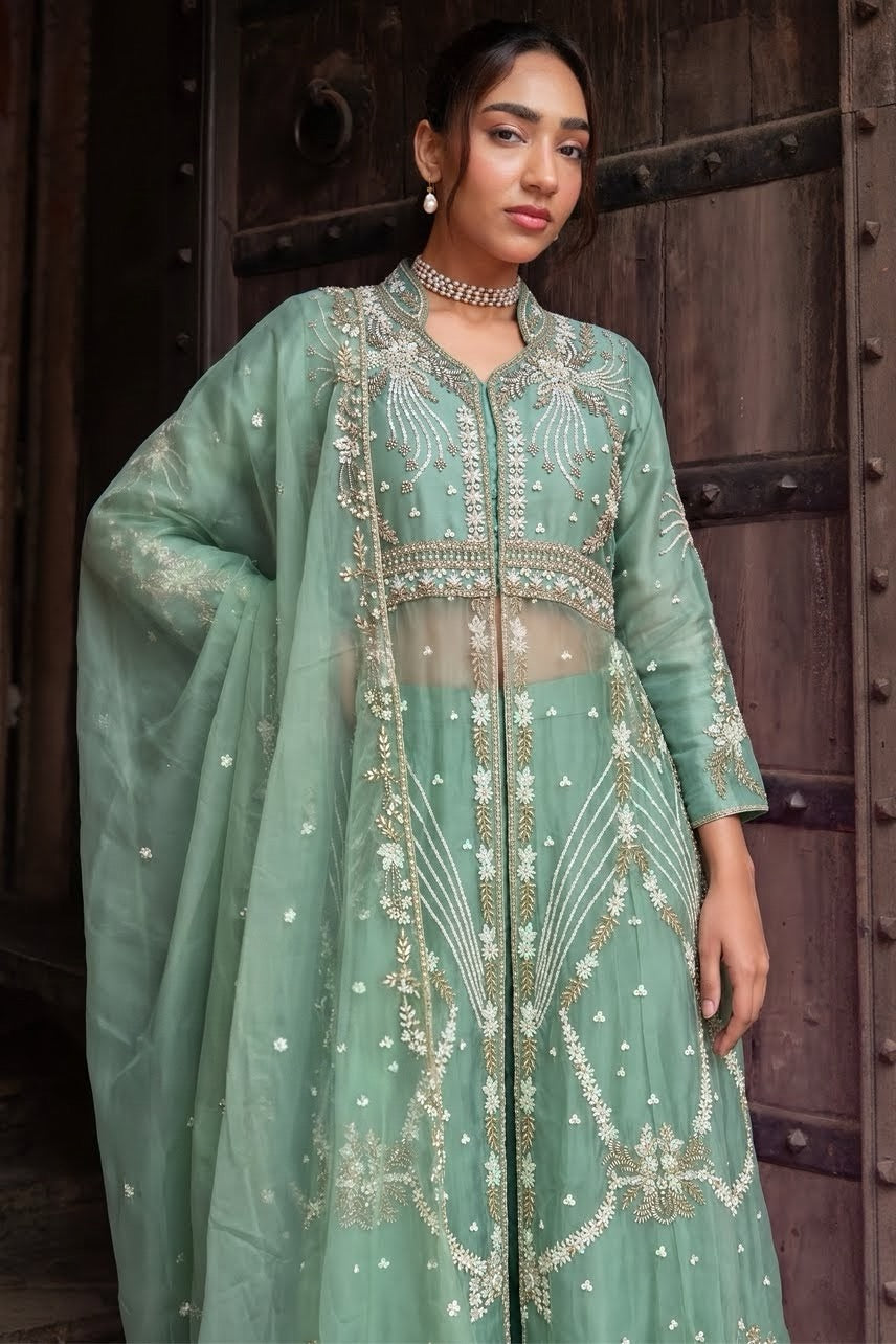 Sheer seafoam dupatta with scattered silver motifs and metallic edging
