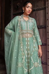 Sheer seafoam dupatta with scattered silver motifs and metallic edging