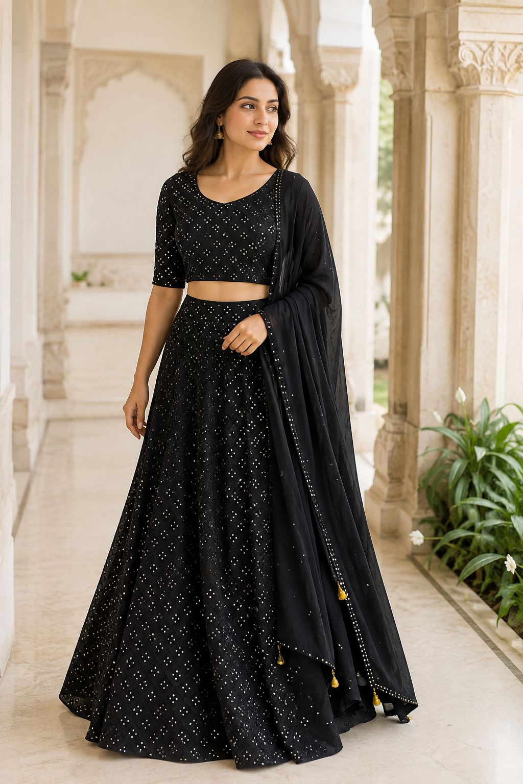 Noir Mirrorwork Embellished Lehenga Couture Set