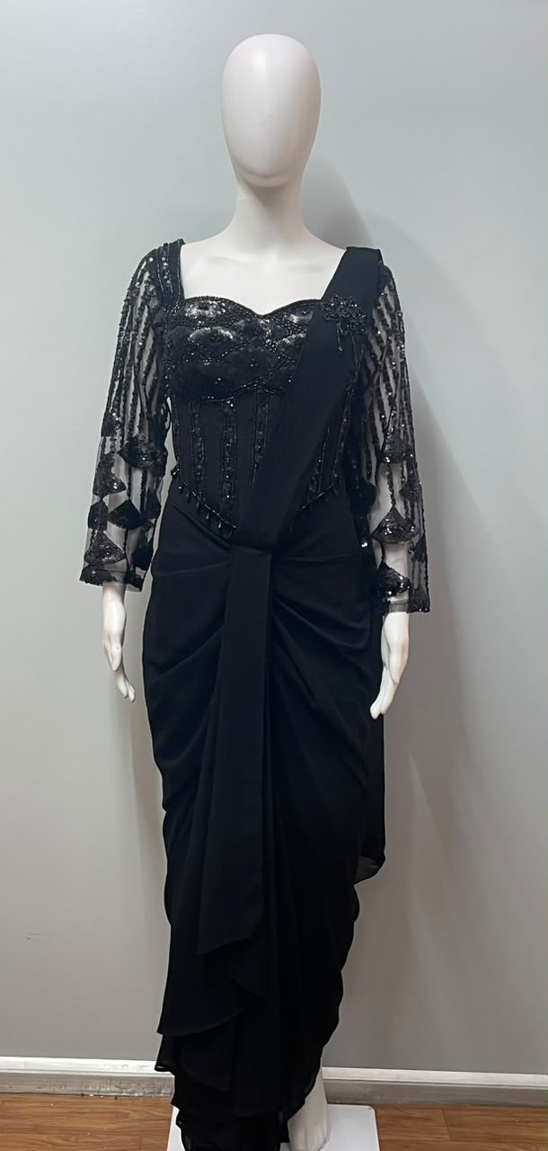 Noir Crystal Corset Draped Saree Ensemble