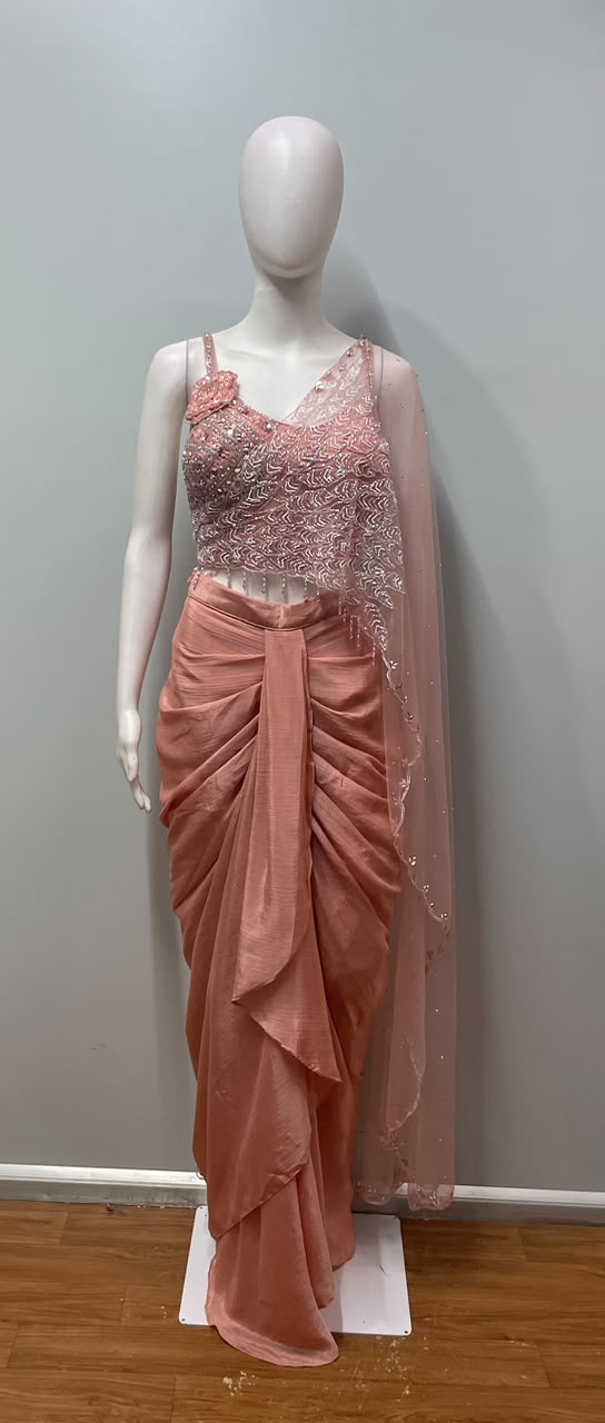 Coral Rose Silver Embellished Pre-Draped Saree Set