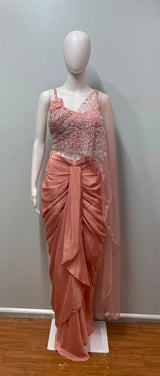Coral Rose Silver Embellished Pre-Draped Saree Set