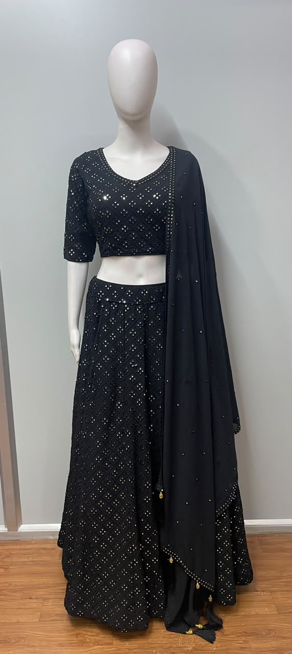 Noir Mirrorwork Embellished Lehenga Couture Set