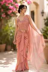 Coral Rose Silver Embellished Pre-Draped Saree Set