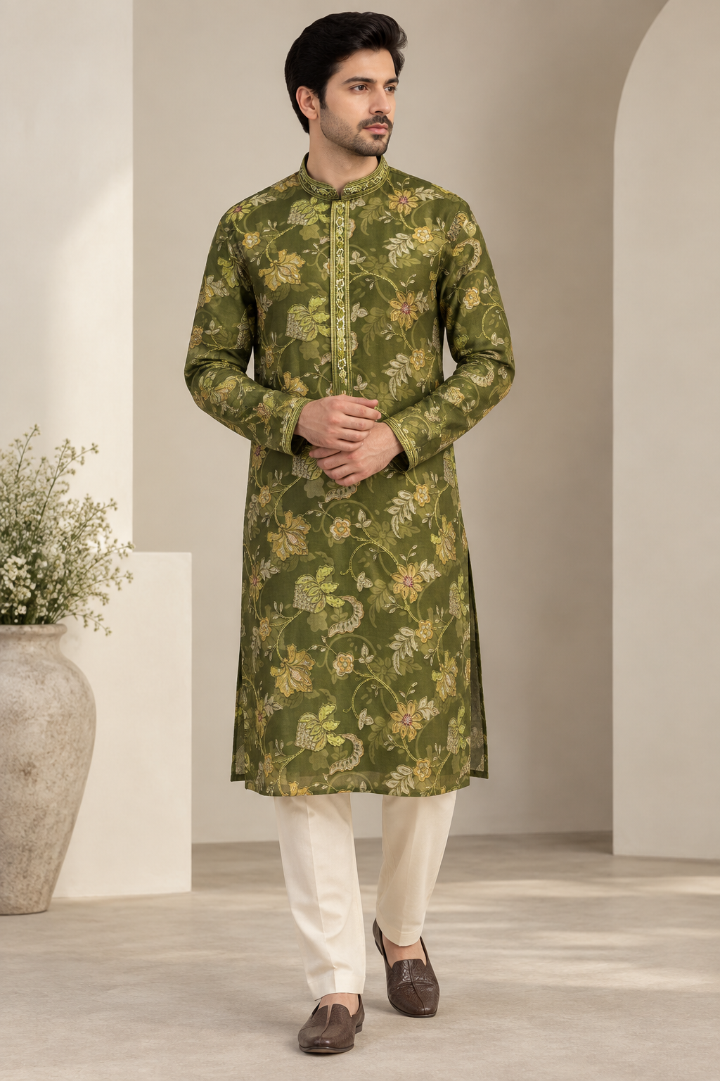 Olive Botanical Men's Kurta Trouser Set