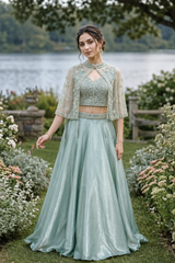 Mint Pearl Cape Lehenga Set