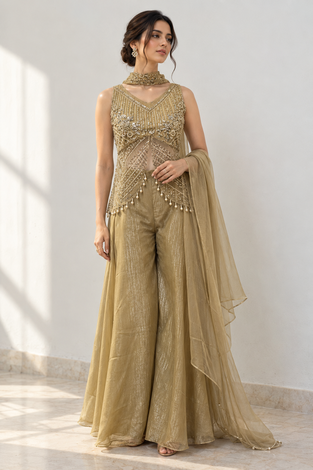 Antique Gold Pearl Jewel Palazzo Set