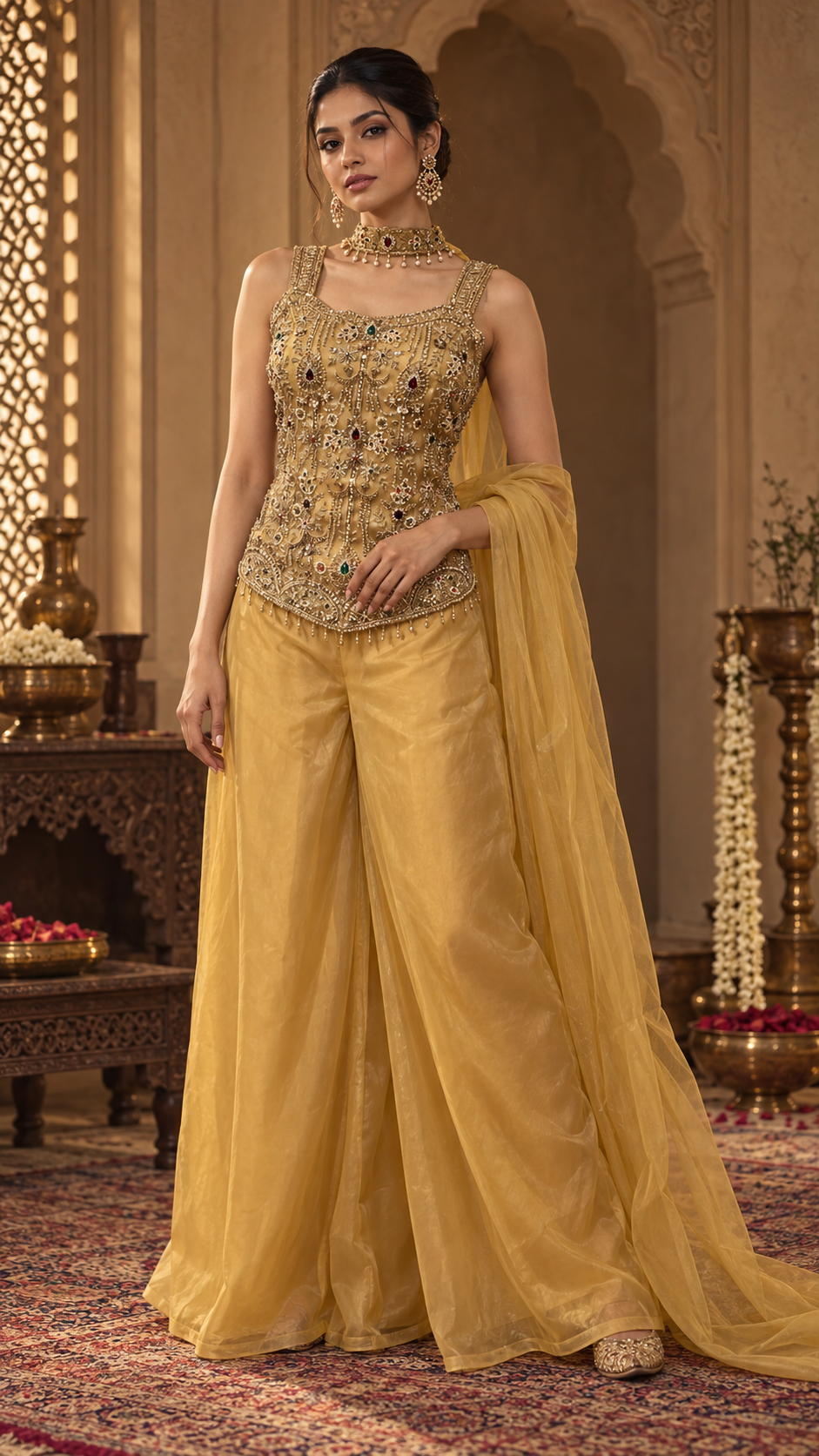 Antique Mustard Multicolor Jewel Palazzo Set