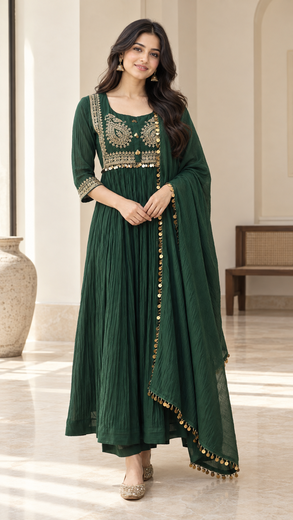Deep Forest Green Gold Paisley Anarkali Set