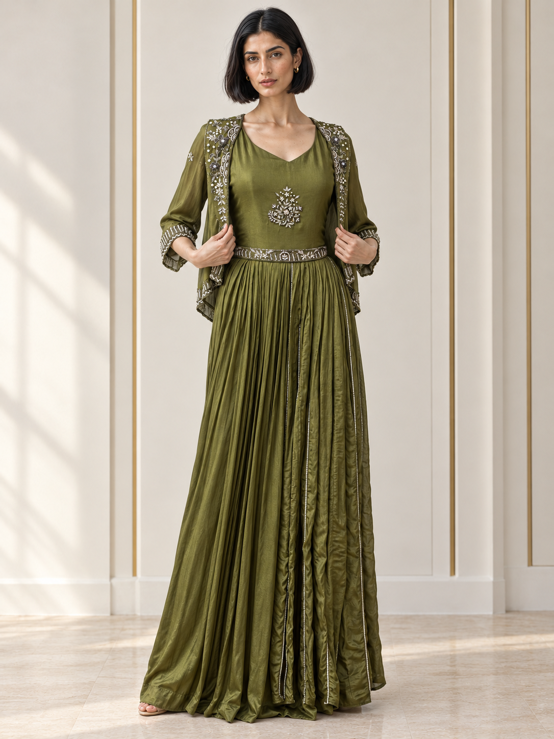Moss Olive Silver Floral Jacket Gown Set
